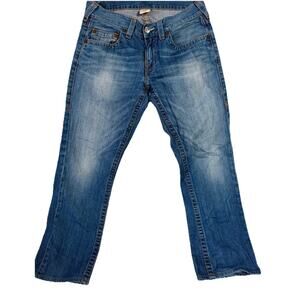 True Religion World Tour Section Straight Seat Blue Denim Jeans Sz32 RN 112790